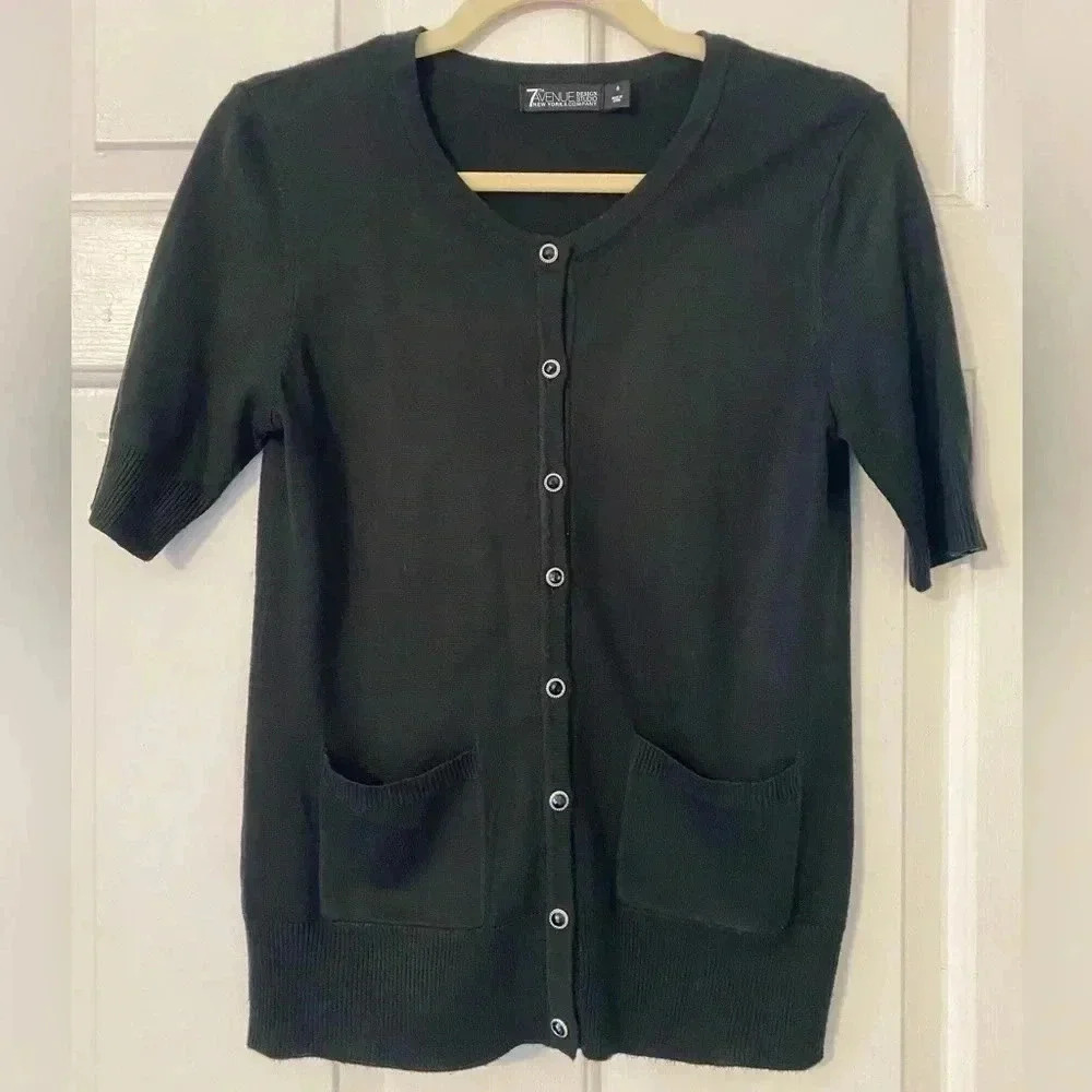7th Avenue | Black Short Sleeve Button Down Sweater Cardigan Pockets Size Small